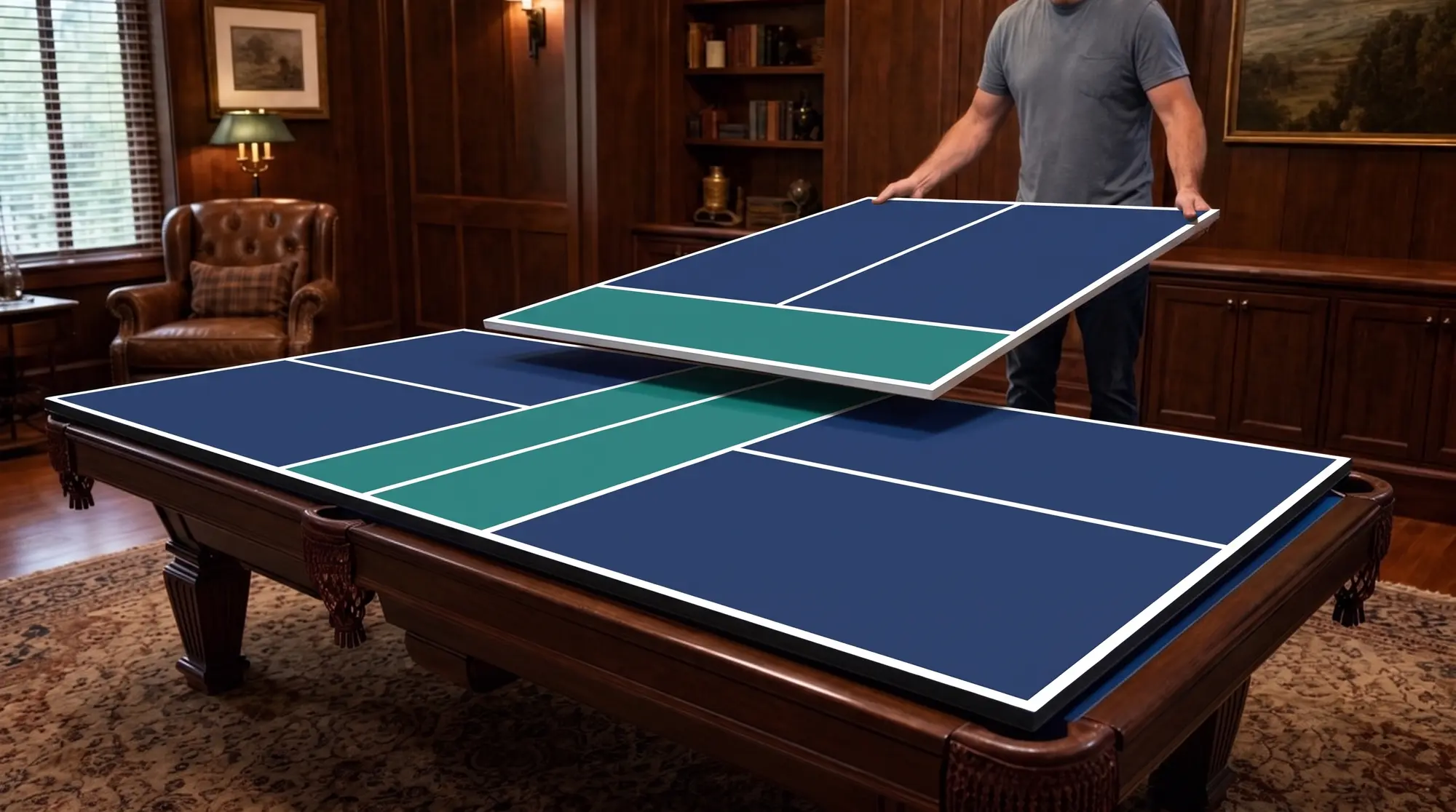 Conversion panels being placed over a billiards table